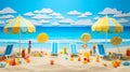 Vibrant 3d paper cut craft trendy summer beach collage illustration with handmade scrapbook art