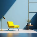 Vibrant 3D Render: Bright Yellow Armchair in an Unoccupied Blue Room