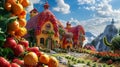 Vibrant 3d render of fruit shaped houses in a creative village illustration, colorful architecture Royalty Free Stock Photo