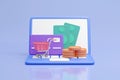 A vibrant 3D render showcasing the integration of digital shopping and payments with floating elements including a laptop, Royalty Free Stock Photo