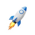 3D Render of a White and Blue Rocket Launching Upwards with Fiery Exhaust, Symbolizing Startup Success, Innovation, and Growth, is Royalty Free Stock Photo