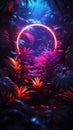 Vibrant 3D render Tropical jungle leaves aglow with neon circles