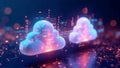 A vibrant 3D-rendered concept of data files transferring between two digital cloud icons, surrounded by glowing binary code and Royalty Free Stock Photo