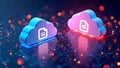 A vibrant 3D-rendered concept of data files transferring between two digital cloud icons, surrounded by glowing binary code and Royalty Free Stock Photo