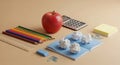 Back to School Supplies Apple, Pencils, Calculator, Notebook, 3D Render Royalty Free Stock Photo