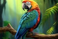 Vibrant 3D rendering blue green macaw on a tree branch, strikingly beautiful