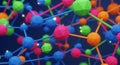 Vibrant 3D rendering of a complex network with colorful spheres and dotted lines on a dark blue background representing data Royalty Free Stock Photo
