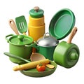 Vibrant green yellow kitchen utensils cookware set for creative culinary design Royalty Free Stock Photo