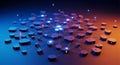 Futuristic 3D network of interconnected circles and dots on dark blue and orange abstract background representing digital Royalty Free Stock Photo