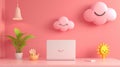 A vibrant 3D scene featuring a sleek laptop on a table, surrounded by colorful chat bubbles and emojis, ideal for remote work Royalty Free Stock Photo