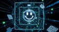 A vibrant, dark abstract image representing artificial intelligence or big data processing with a clear, happy result (emoji emoti Royalty Free Stock Photo
