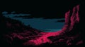 Vibrant Dark Cyan And Pink Illustration: Desolate Rock And Lake