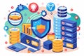 A vibrant dashboard showcases data security concepts with databases, servers, and protective icons, emphasizing the importance of