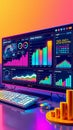 Vibrant data dashboard with futuristic analytics on desktop monitor Royalty Free Stock Photo