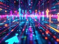 Vibrant data stream with rising and falling arrows depicting dynamic market trends