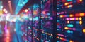 Vibrant data visualization displayed on server racks in a modern data center at night