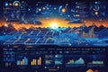Renewable energy data visualization illustrating solar power potential at sunset in a mountainous landscape. Generative AI Royalty Free Stock Photo