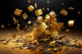 Vibrant and dazzling golden craps dice in captivating motion at a lively casino setting