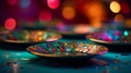 Vibrant Decorative Plates Popping on Shiny Background: A Stunning Sony A9 Photoshoot