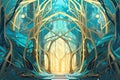 Magic portal in forest, turquoise with golden leaf finish, AI generative