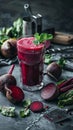 A vibrant, deep-red beet smoothie is the focal point of this image, surrounded by freshly sliced beets and lush green