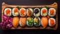 Vibrant And Delicious Sushi Rolls On A Wooden Tray Royalty Free Stock Photo