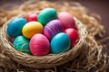 Vibrant and Delightful Easter Egg Assortment in a Tightly Woven Basket for Festive Celebrations