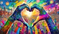 Vibrant abstract hand heart shapes conveying passionate love in a colorful artistic depiction