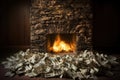 Vibrant depiction of a blazing hearth encircled by paper bills, representing the fervor of financial pressures