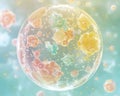 Microscopic lifeforms in translucent bubble showcasing cellular diversity and organic shapes Royalty Free Stock Photo