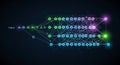 A visualization of a neural network with colored nodes and connections on a dark background Royalty Free Stock Photo
