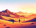 Vibrant desert expedition under a digital sky with human silhouettes walking through Royalty Free Stock Photo