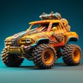 Vibrant Desert Monster Truck: Photorealistic 3d Render With Psychedelic Rock Vibes