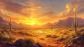 Vibrant Desert Sunset Landscape with Cactus and Mountains Royalty Free Stock Photo
