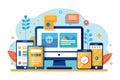 A vibrant design showcasing multiple digital devices and online communication platforms in a modern setup, Responsive Customizable Royalty Free Stock Photo