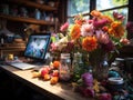 Vibrant desk of creative entrepreneur with prime lens