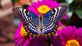 Vibrant and detailed butterfly on a blooming flower in a botanical garden