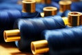 Vibrant detailed close up of intricate blue thread pattern beautifully wrapped around a spool