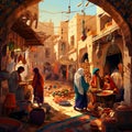 Vibrant and Detailed Digital Illustration of a Bustling Moroccan Bazaar