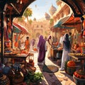 Vibrant and Detailed Digital Illustration of a Bustling Moroccan Bazaar