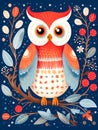 A vibrant, detailed flat design of an owl with patterns and leaves in warm and cool colors on dark background. Concept drawing for