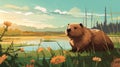 Vibrant Illustration Of A Beaver Grazing In A Field