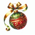 Vibrant, detailed illustration of a decorated Christmas ornament with a golden ribbon, isolated on a white background.