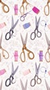 Scissors and Thread Spools - A Colorful Sewing Pattern Design Royalty Free Stock Photo
