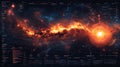 A vibrant, detailed visualization of a nebula, cosmic dust, and stars with an overlay of digital data