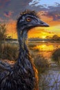 Vibrant Digital Art of an Emu at Sunset by a Lush Lake with Golden Sky and Reflective Water