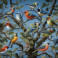 Vibrant digital art-illustration of colorful birds perched on spring tree branches Royalty Free Stock Photo