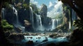 Vibrant Digital Art: Majestic Underground Waterfall And Lush Green Scenery