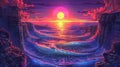 Vibrant Digital Art of Surreal Sunset Seascape with Majestic Waves Royalty Free Stock Photo