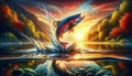 Vibrant digital artwork of a leaping fish at sunset with dramatic sky and reflective water